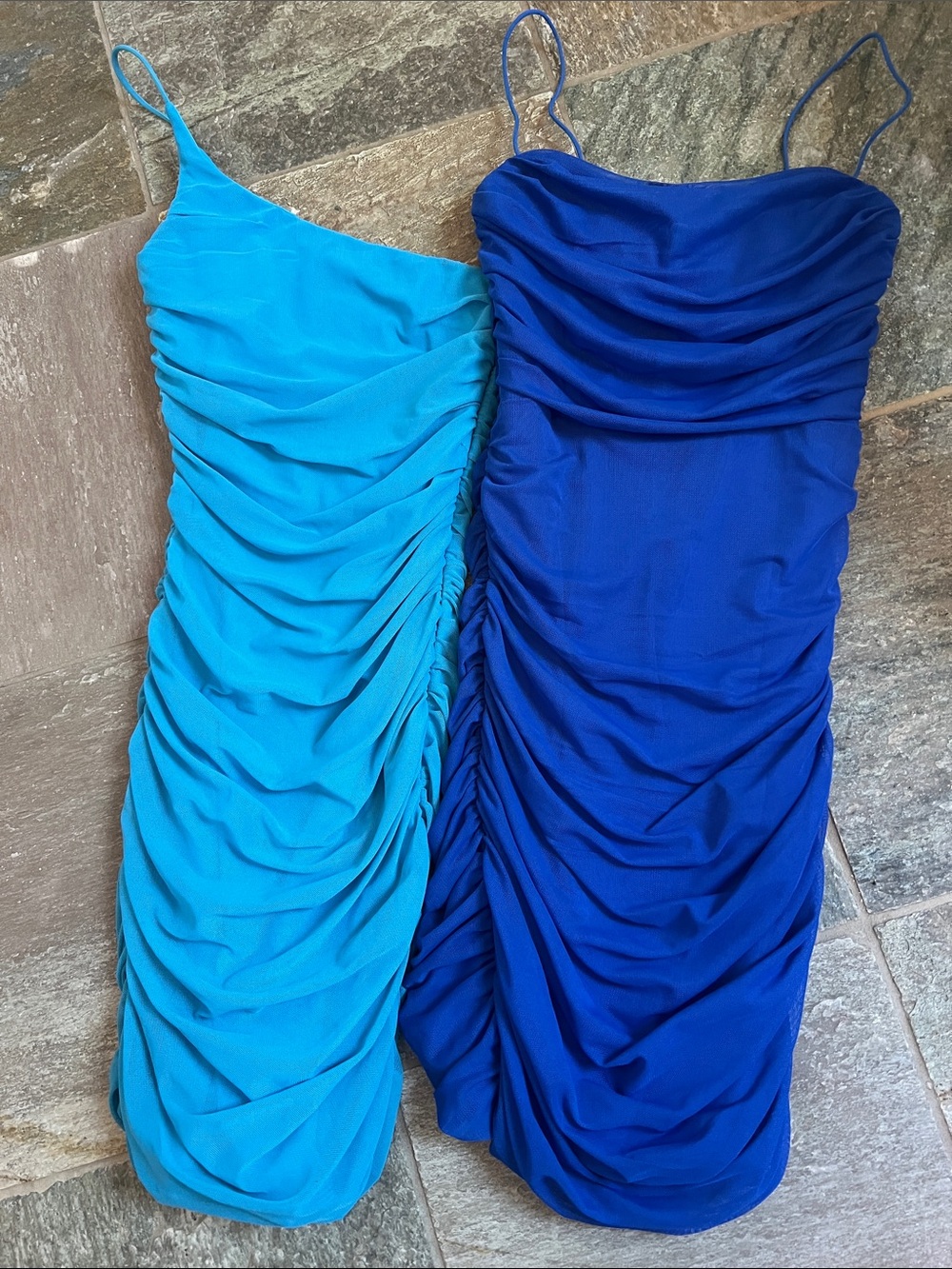 Princess Polly Ruched Spaghetti-Strap Mini Dresses - Teal & Royal Blue